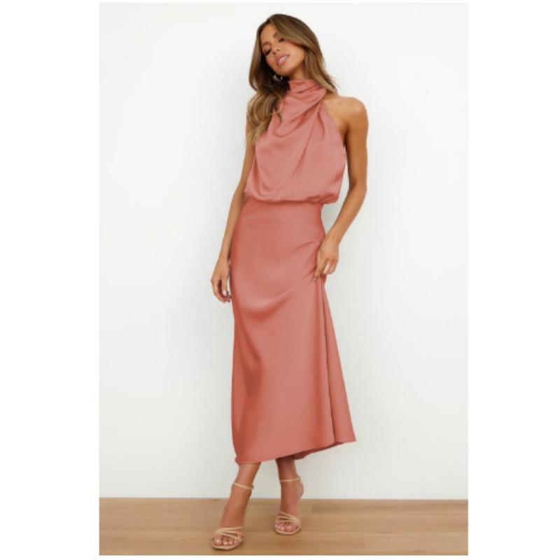 Europe, America, Spring and Summer New Solid Color High-end Satin Sleeveless Dress Fashionable and Elegant Temperament Light Evening Dress