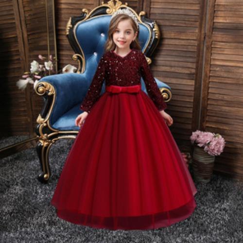 Girls' formal dress: long-sleeved lace puff-skirted princess dress for older children – perfect for emcees and performances