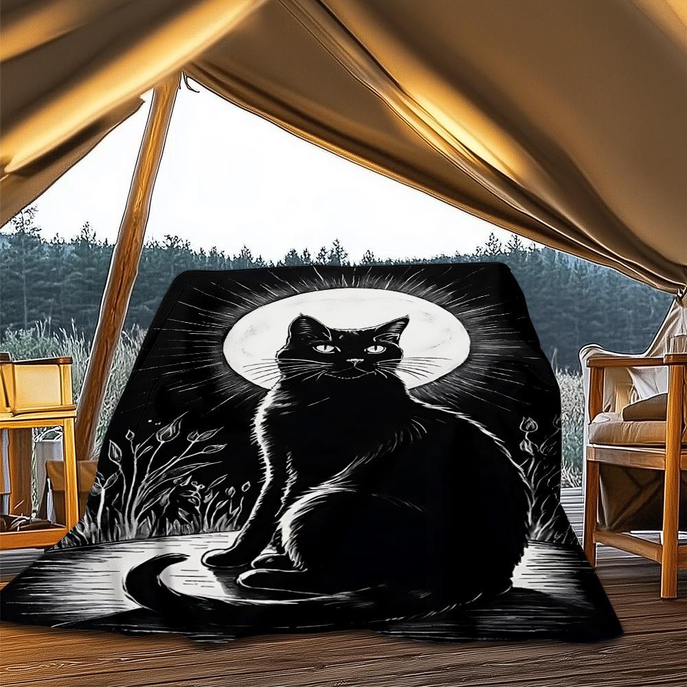 1pc Moonlit Cat Throw Blanket Polyester Fiber, Lightweight Flannel, Soft & Warm, All Season Use for Outdoor, Camping Digital Print