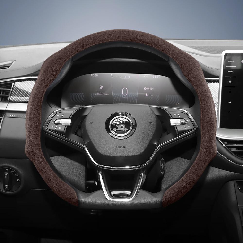 Suitable for Skoda Premium Suede Snap-On Steering Wheel Cover, Non-Slip and Durable, Round and D-Shaped Steering Wheel Available for Octavia 