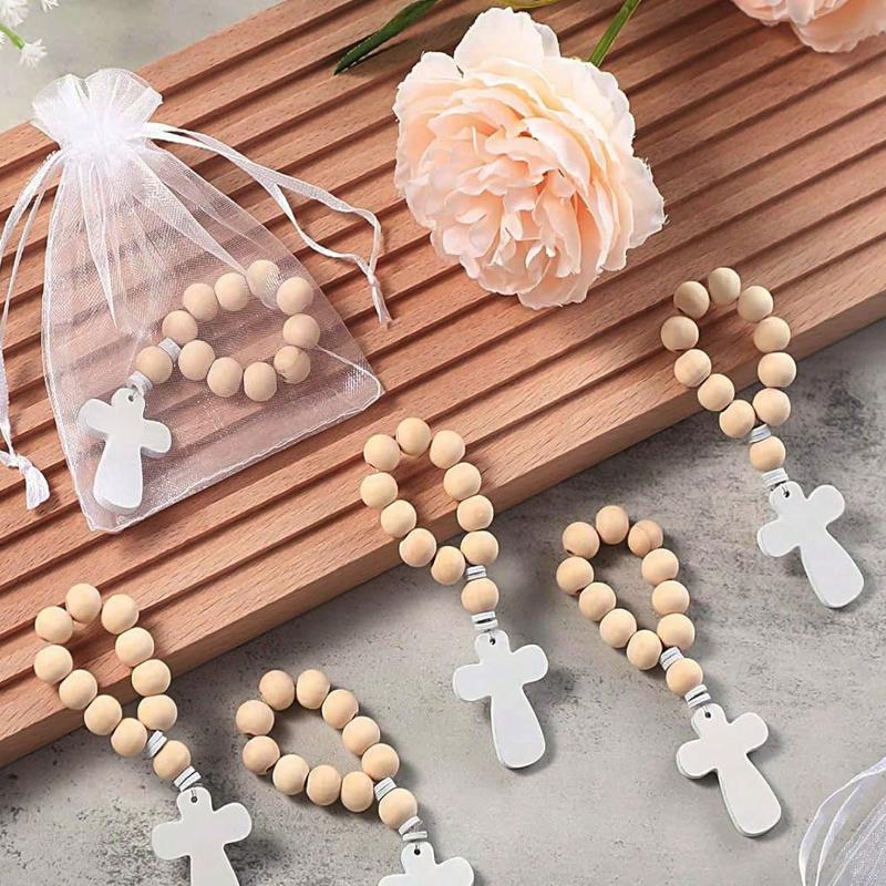 Rosary Loose Wooden Catholic Prayer Rosary With Cross Wooden Cross Pendant White Mesh Bag Used For Baptism First Communion Confirmation