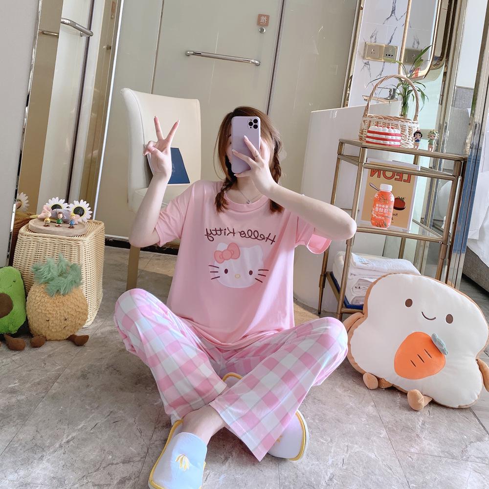 

Женский летний мультяшный пижамный комплект - Круглый вырез, Короткий рукав, Легкие брюки для весны и осени XL