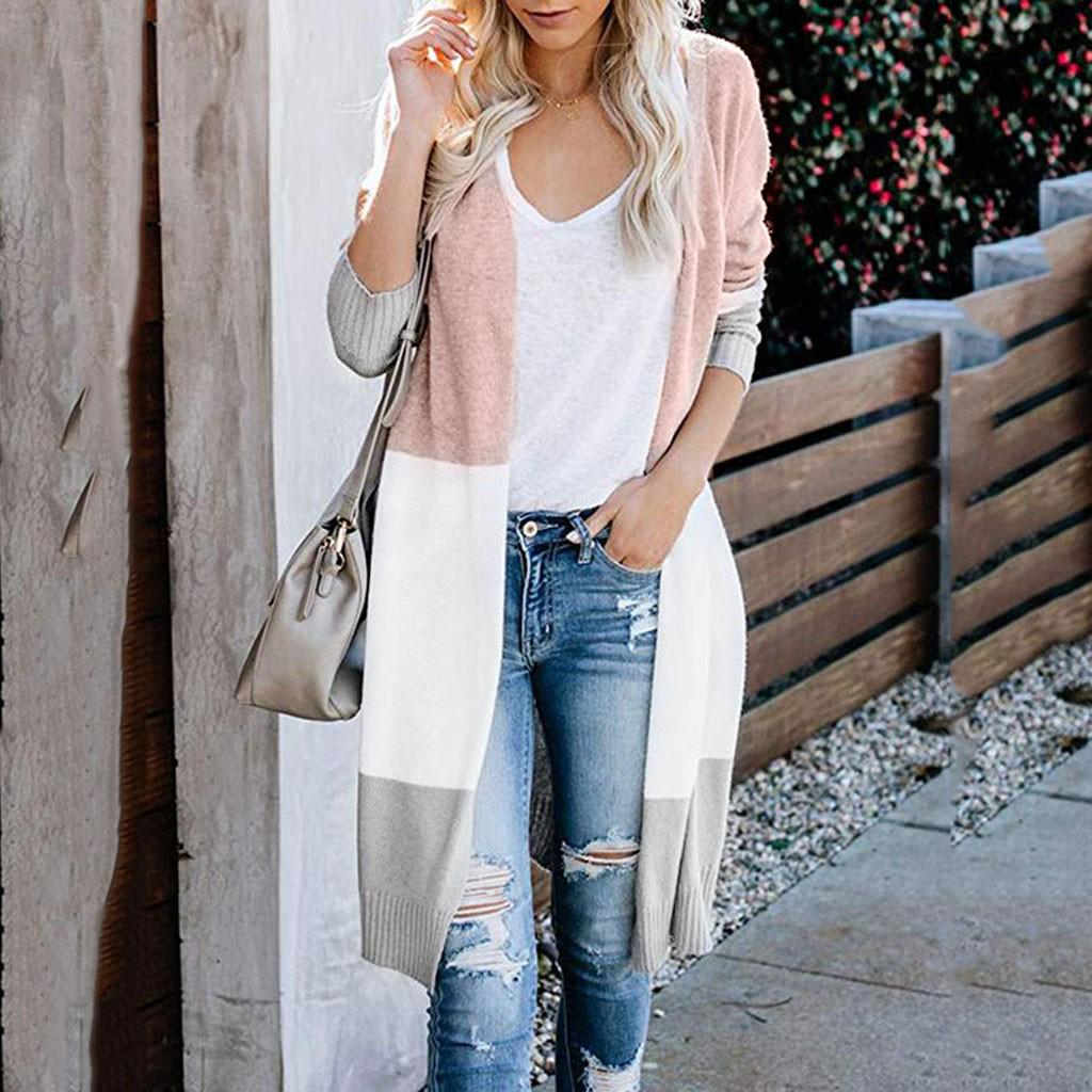Womens Multicolor Striped  Patchwork Long Sleeve Fashion Cardigan  Sweater