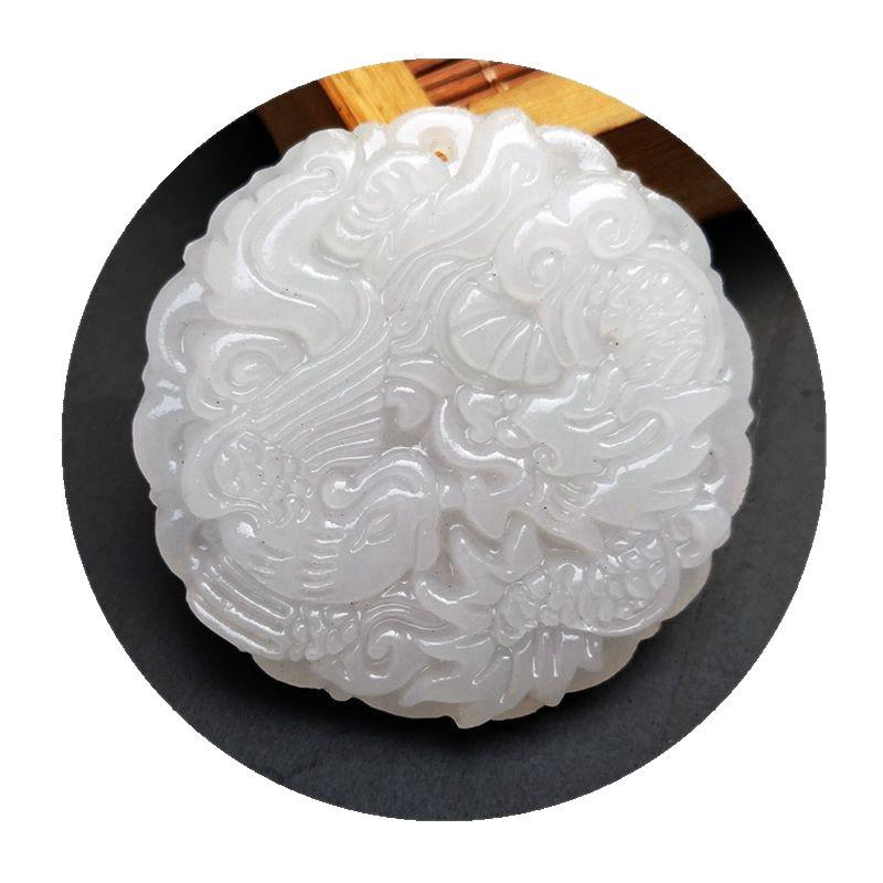 Afghanistan White Jade Dragon & Phoenix Pendant - Auspicious Five Blessings Necklace Gift
