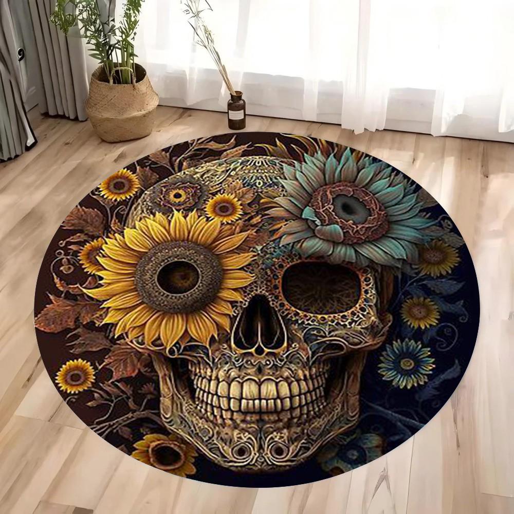 Halloween Terrifying Rose Skull Round Carpet Gothic Rose Carpet Bedroom Living Room Decoration Halloween Gift