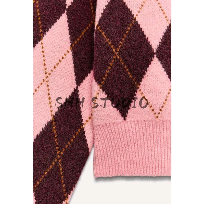 Spring New Women's Clothing Preppy Style Diamond Jacquard round Neck Long Sleeves Casual Knitting Outwear 5755011