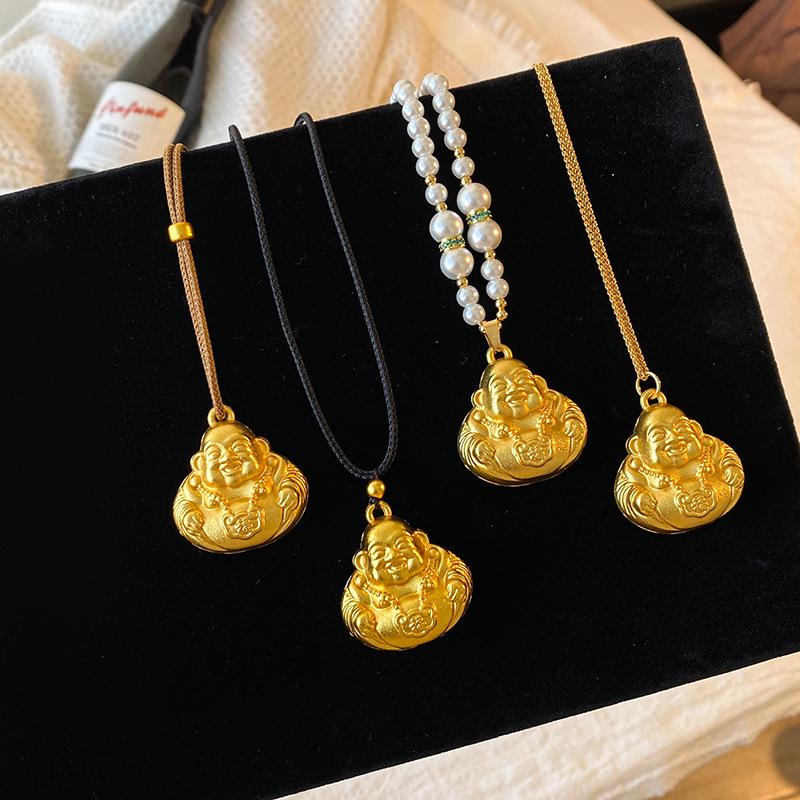 Gold Maitreya Buddha Necklace: Stylish Sand Gold Pendant Sweater Chain – Luxury Fashion Accessory for Women