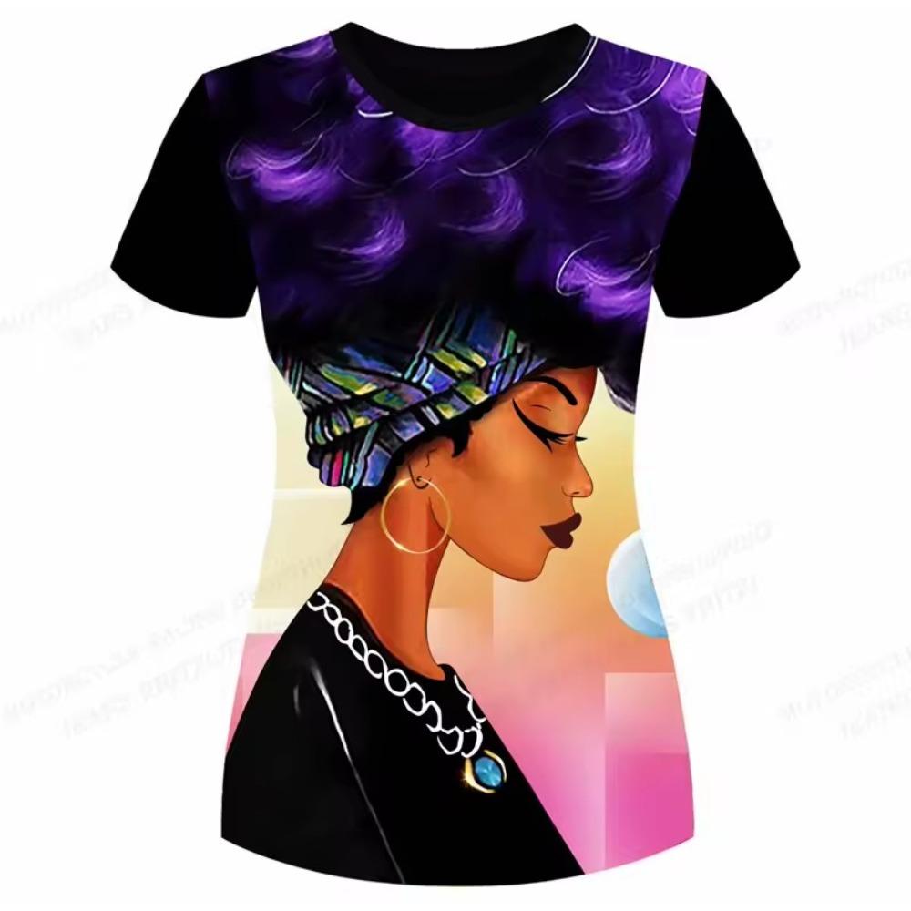 Melanin Girl Natural Hair Pattern T-shirt, women's T-shirt, African casual short-sleeved round-neck top T-shirt