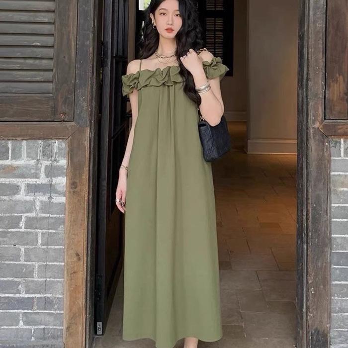 

Large size slightly fat MM pure desire wind word shoulder suspender dress women s summer skirt off-the-shoulder thin dress S зелёный