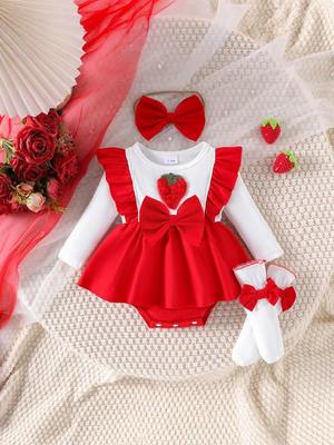 Adorable Strawberry Embroidered Romper with Bow Hairband & Long Socks for Infants & Toddlers