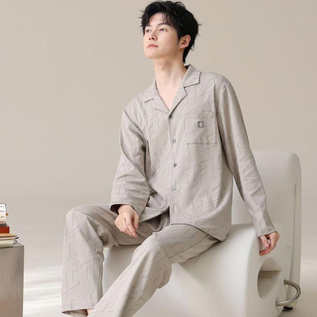 Men's Plus Size Cotton Pajama Set - Long Sleeve Cardigan for Spring & Autumn
