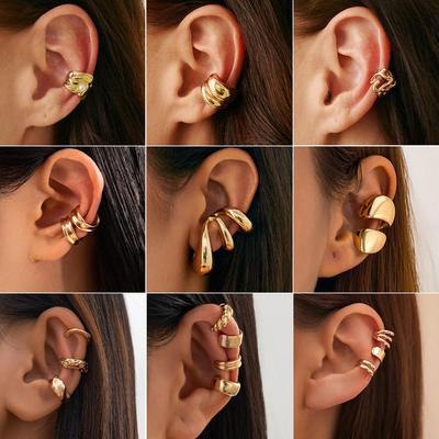 European & American Style Glossy Metal Water Drop Ear Clips: Geometric Pleated Circle Stud Earrings & Ear Cuffs.