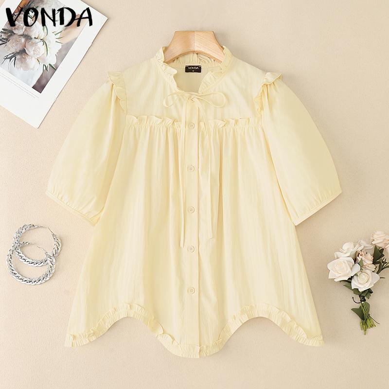 VONDA Women Ruffled Lace-up Neck Short Sleeve Casual Long Blouse