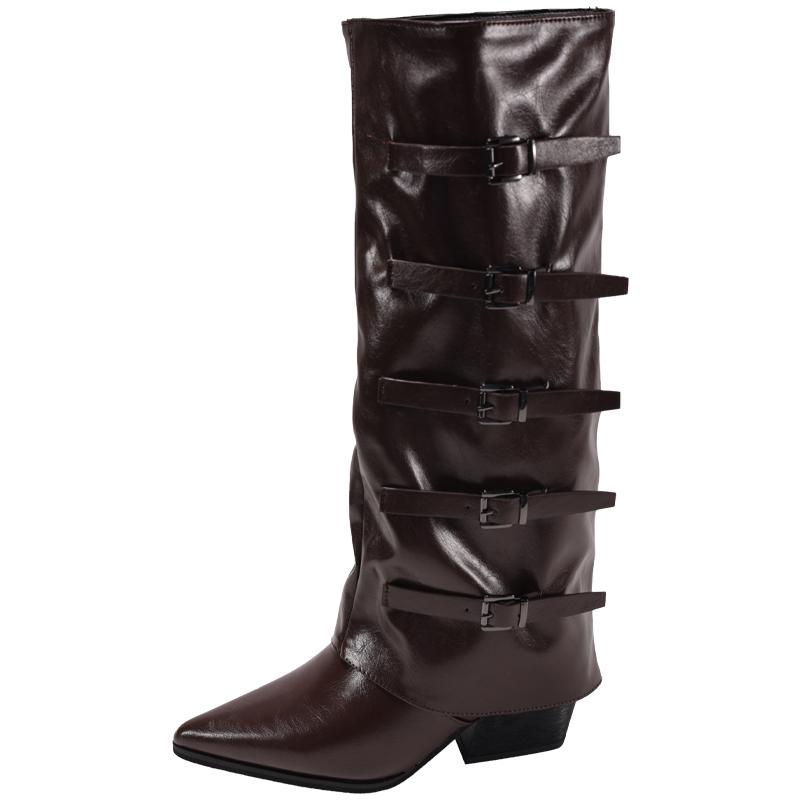 Fashion Pointed Toe Women Knight High Boots Designer Belt Buckle Platform Heel Shoes Autumn Winter Thick Heel Ladies Long Booties