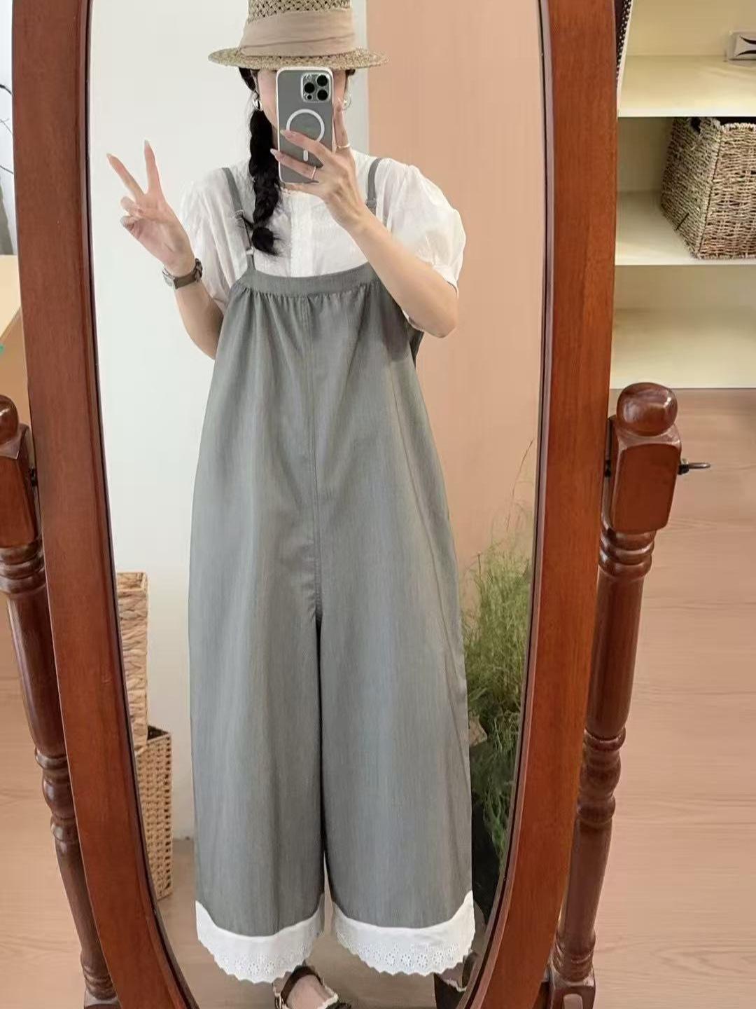 

Johnature Casual Japanese Suspender Pants Women Summer Collection Loose Versatile Wide-leg Jumpsuits One Size серый