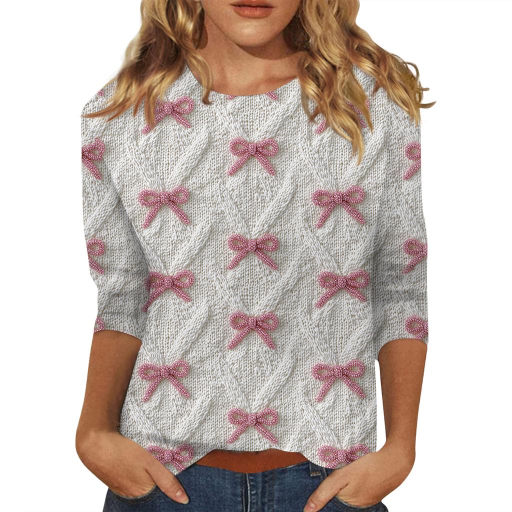 Women's Fashionable Casual Three-Quarter Sleeve Christmas Print Round Neck Top