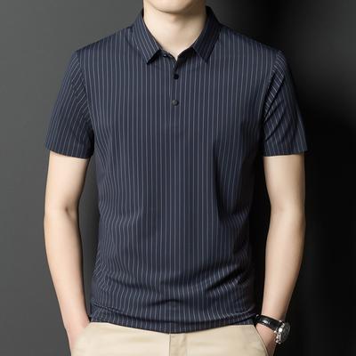 Polohemd mit halben Ärmeln für junge und mittelalte Männer, Sommer, nahtlos, gestreift, dehnbar, dünnes Eis-Seiden-Revers, lässiges Kurzarm-T-Shirt, Trend