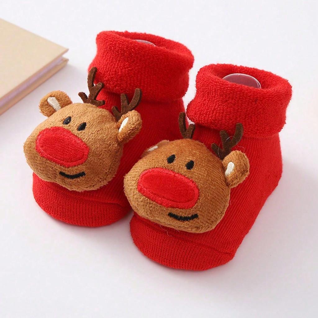 Baby Christmas Socks Santa Claus Snowman Reindeer Plush Knit Socks Non-Slip Crib Shoes for Infant Boys Girls First Xmas Outfits Toddler Gift