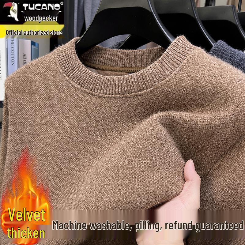 Woodpecker Men's Plus Velvet Thick Knit Sweater - Autumn/Winter Round Neck Long Sleeve Sable Velvet Warm Base Layer.
