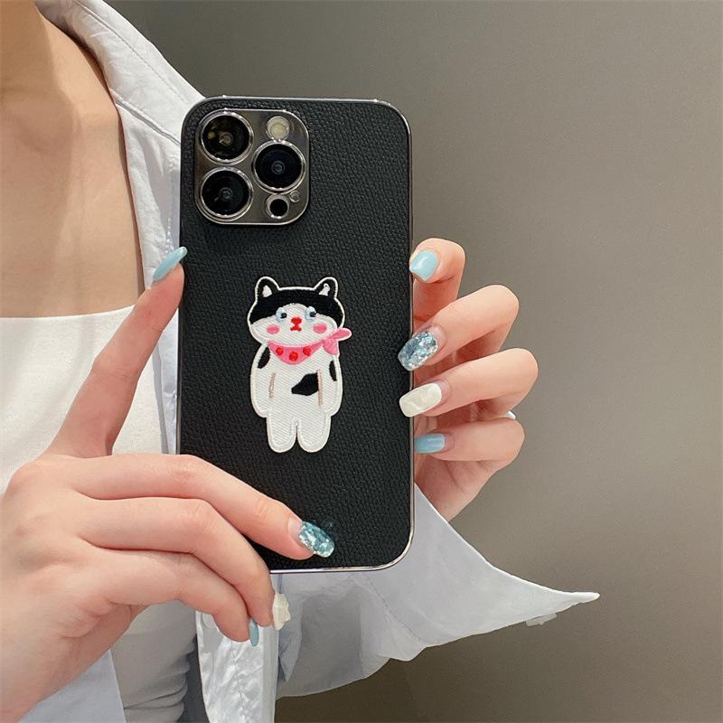 

Leather Grain Electroplated Cartoon Cat Patch Case for Apple 15 Pro Max/14/13 Pro - Anti-Fall, All-Inclusive iPhone 14