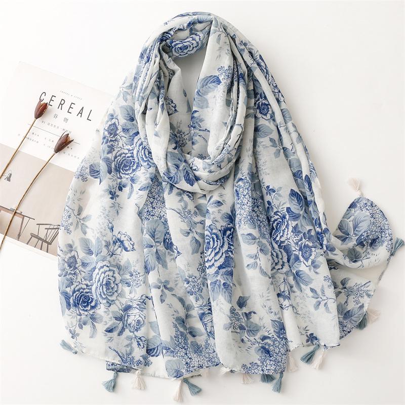 "Bali Yarn Cotton-Linen Scarf: Fresh Solid Color, Fruit Green & Bright Yellow Leaf Print with Tassel Detail"