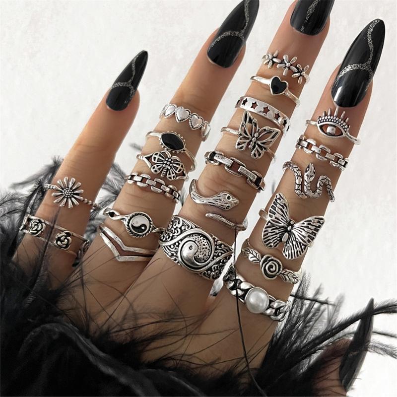 Set of 21 Unique Rings Punk Rings Set Intricate Opening Rings Suitable for Halloween and Everyday Fashion Accessories
