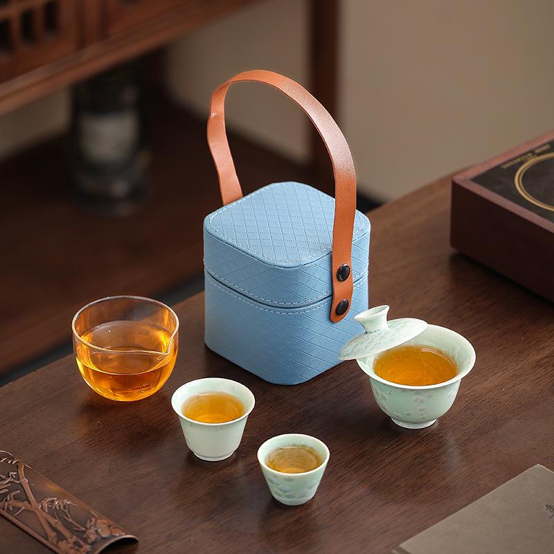 Crystal Glaze Travel Tea Set, Kiln Change Express Cup Cover Bowl, Household Kung Fu One Pot Two Cups Outdoor Portable Bag