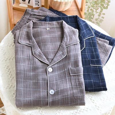 Men's Classic Plaid Pajamas: Pure Cotton, Long Sleeve, Lightweight Crepe, Lapel, Loose Fit, for Spring & Autumn