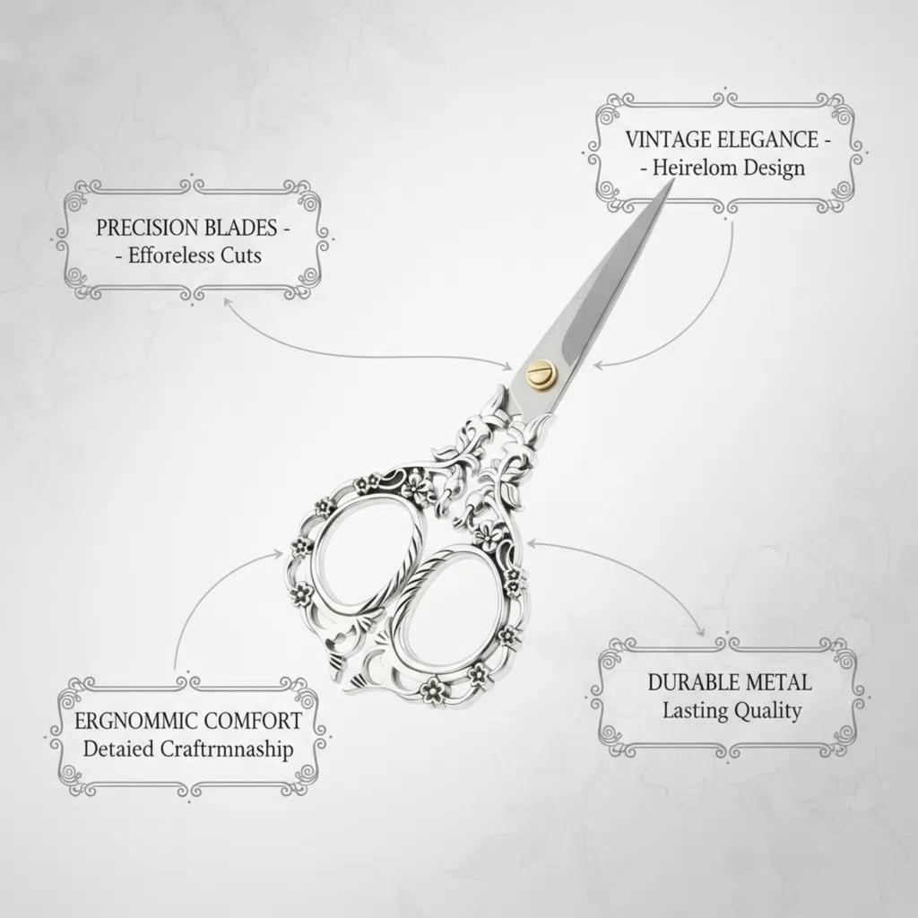 6.3''Vintage Silver Exquisite Scissors with Floral-inspired Handles, Sharp Blades Suitable for Handicrafts and Sewing, Ergonomically Designed for a