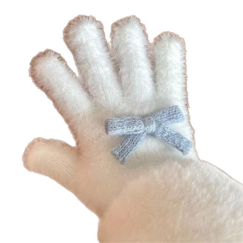Cute Sweet Bow Pom-pom Plush Gloves Cold-Proof Gloves Student Winter Warm Five-finger Gloves Women Fashion Accessories Xmas Gift