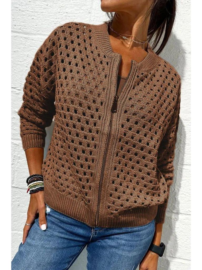 2025 Women's Casual Hollow Knit Zipper Jacket - European and American Style
