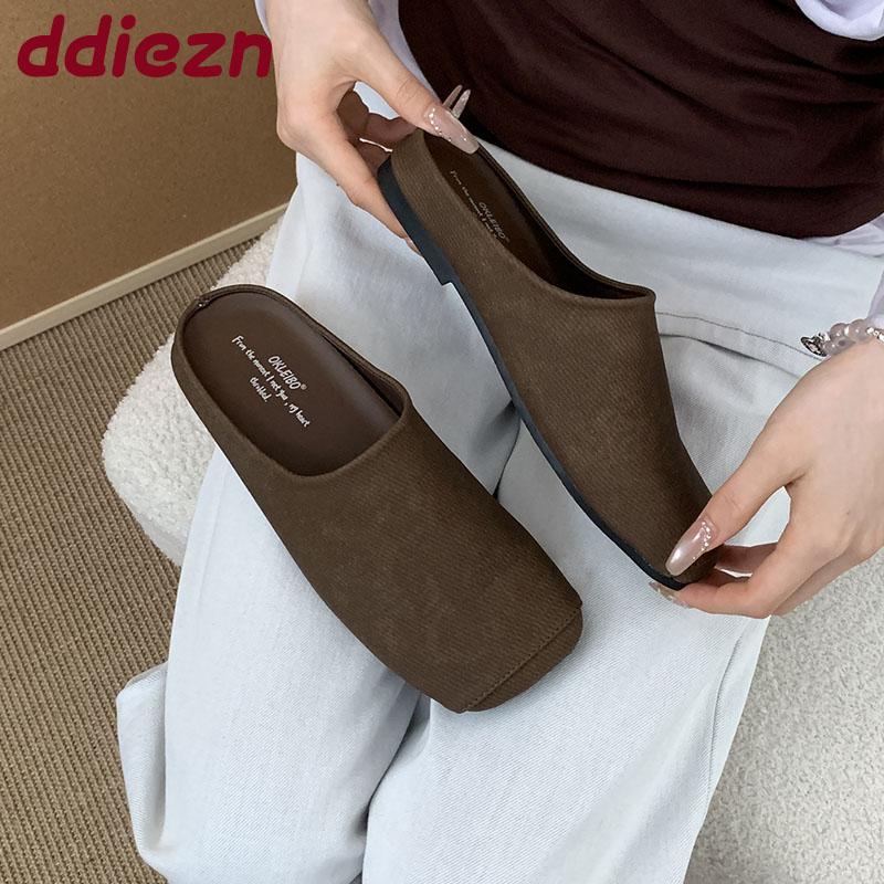 Fashion Fashion Square Toe Women Flats Slippers Mules Shoes Casual Beach Soft Ladies Flats Slippers Shoes Female Slides Sandals New