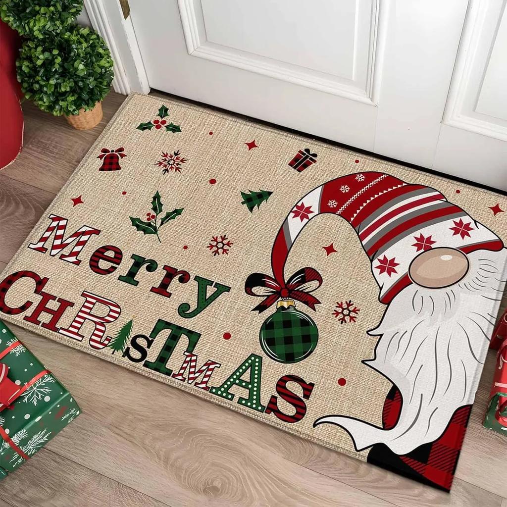 Merry Christmas Indoor Door Mat Gnome Xmas Tree Snowflake Red Black Plaid Front Door Mat Non Slip Washable Entryway Rug