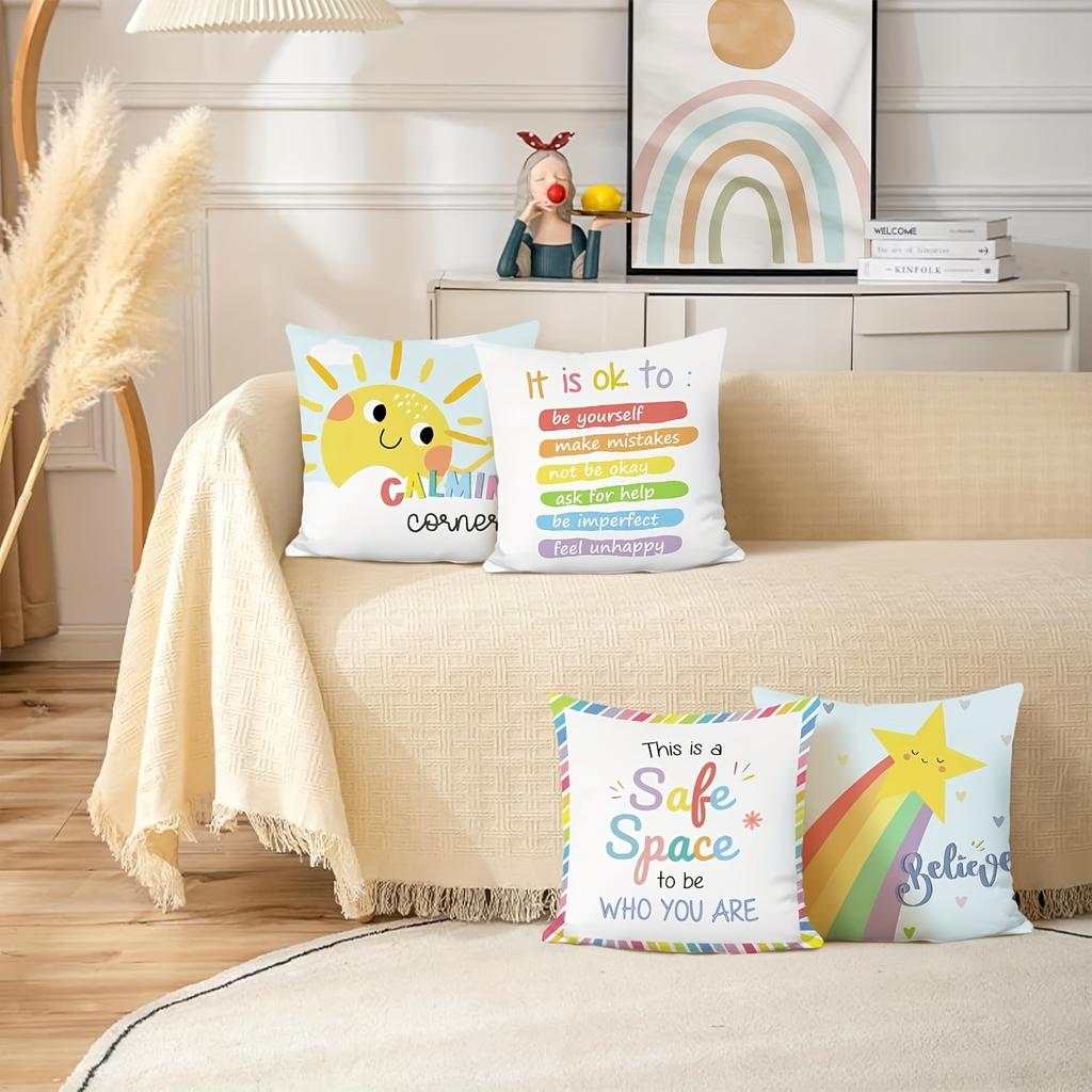 4Pcs Cute Sunny Rainbow Digital Printing Pillow Cover Short Plush Suitable Living Rooms Bedrooms Sofas Throw Cushion Cover