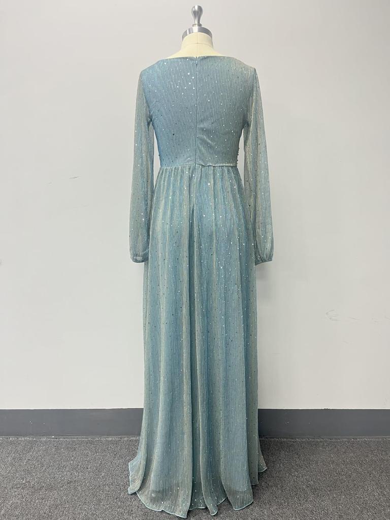 European Style Shiny Pleated Long Sleeve V-Neck A-Line Evening Gown