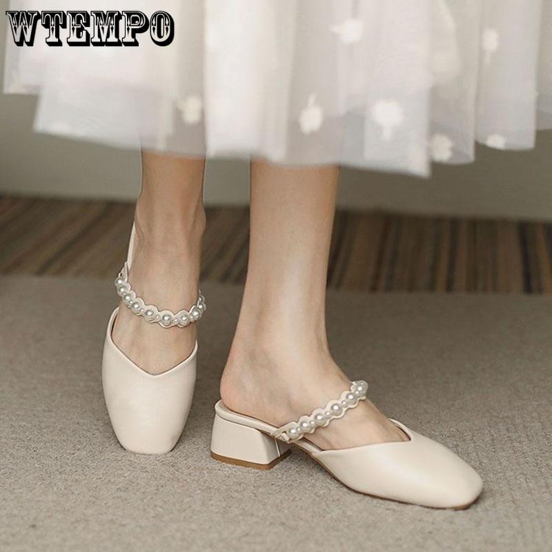 WTEMPO Summer Wrapped Toe Sandals Women's Square Toe Middle Thick Heel Pearl Soft Leather Soft Sole Slippers Fairy Style Comfortable Wear-resistant