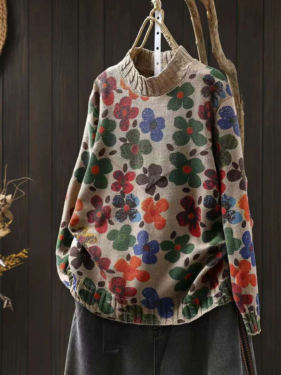 

Johnature китайский стиль цветы принт воротник свободный винтажный повседневный свитер женский зимний модный свитер с длинными рукавами One Size хаки