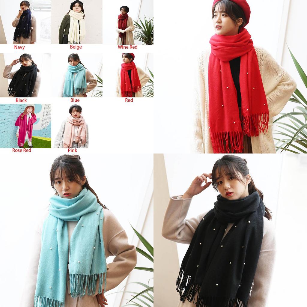 Women Elegant Knitted Solid Scarf With Pearls And Long Tassels For Winter Warmth