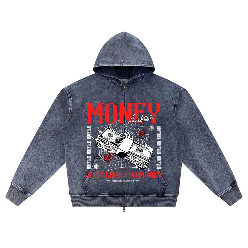 

Худи на молнии из вязаного денима с DTG-принтом Money Ambition Brother XL темно-синий