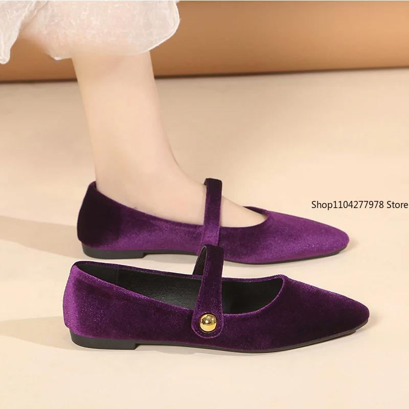 Fashion Elegant Velvet Ballet Flats Woman Luxury Velour Mary Jane Shoes Ladies Pointed Toe Buckle Strap Loafers In Purple Green