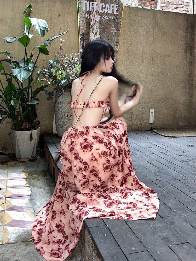 Rose Print Halter Neck Dress with Bra Pad and High Slit