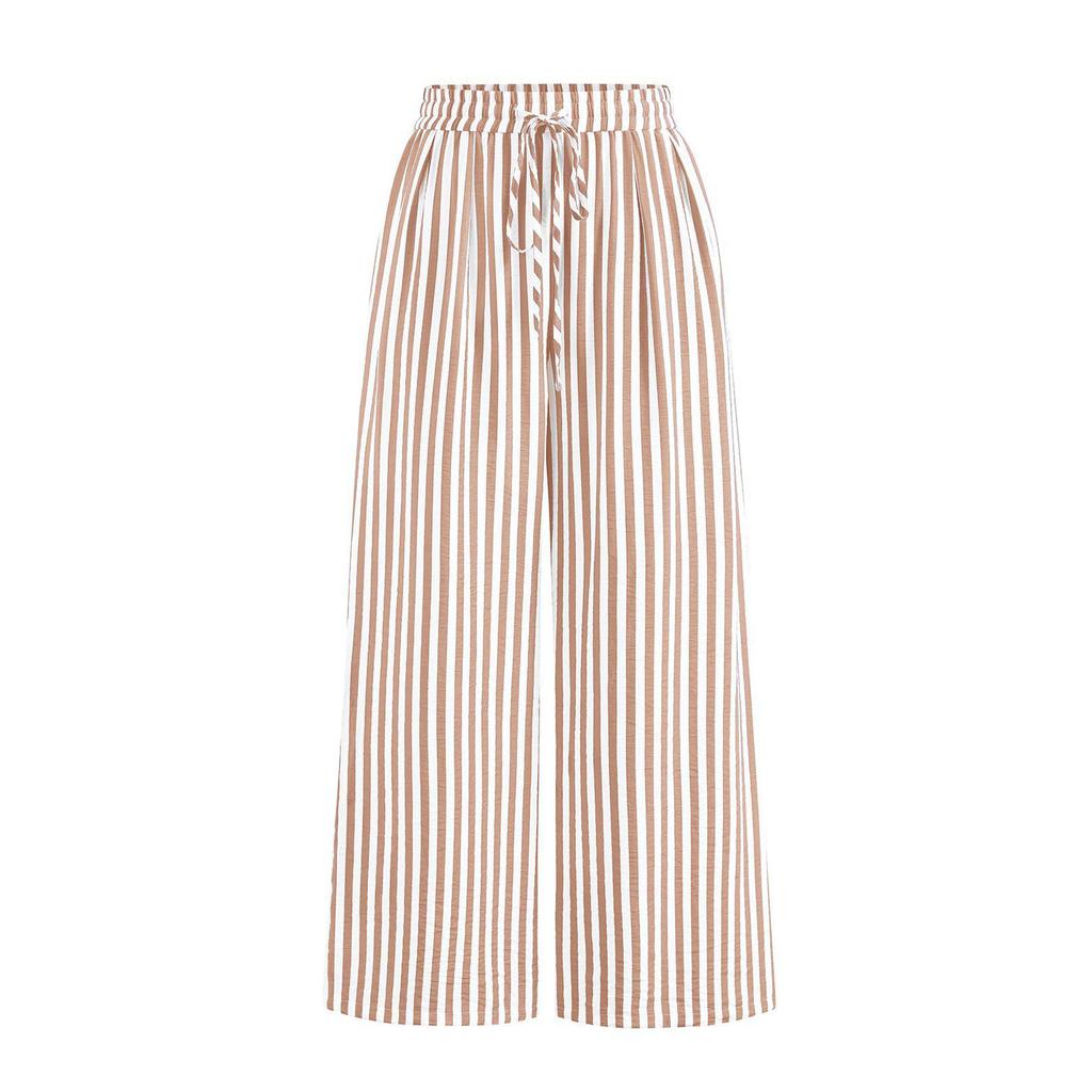 Women's Casual Summer Pants Elastic Waist Wide Leg Trousers Vertical Striped Print Lightweight Breathable Fabric Comfortable Fit