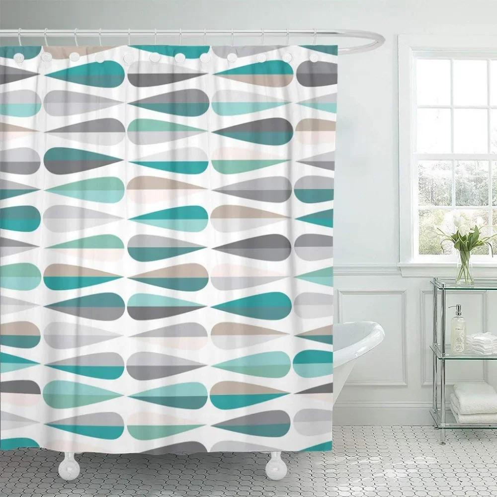 Color Geometric Shower Curtain Set Mid Century Modern Retro Drop Shapes Abstract Art Bathroom Polyester Fabric Curtains Hooks
