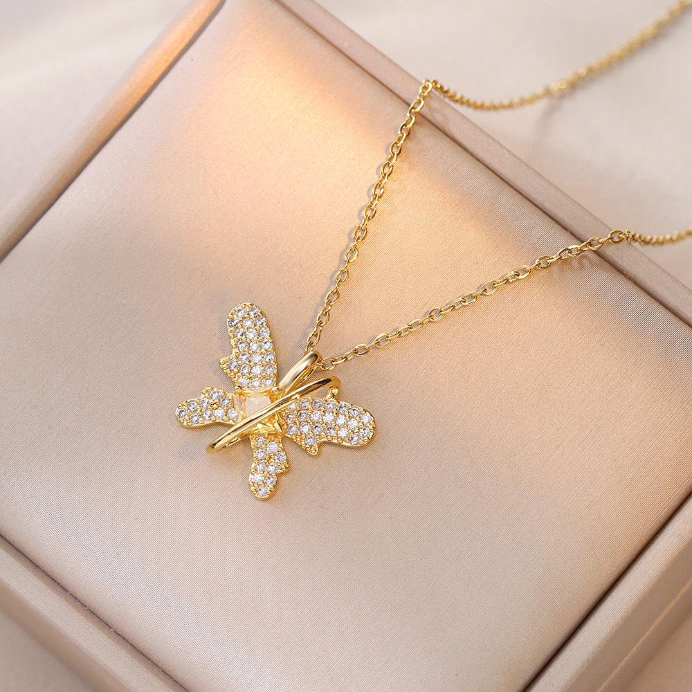 Butterfly Necklace with Color-Retaining Zircon - Fashionable, Versatile Women's Jewelry Accessory.