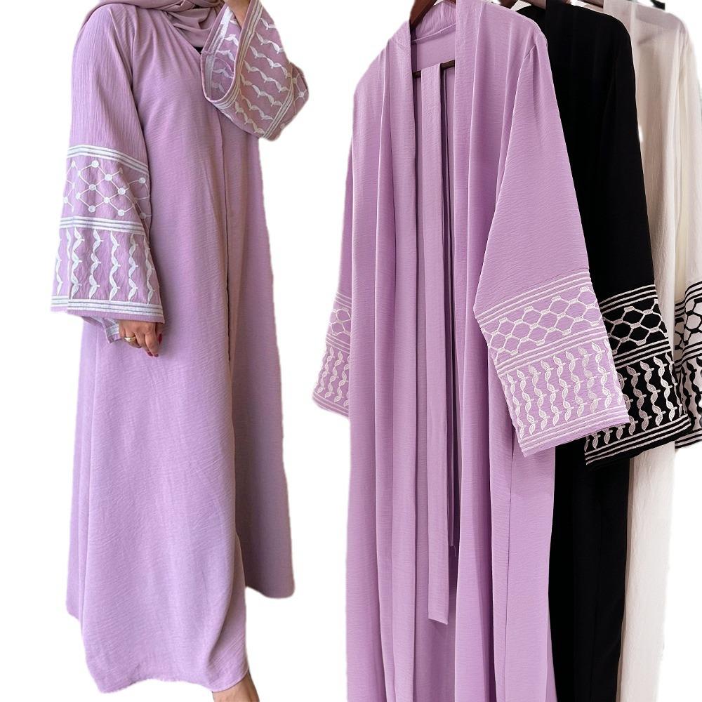 Elegant Embroidered Middle Eastern Muslim Tie-Up Cardigan Dress with Pockets