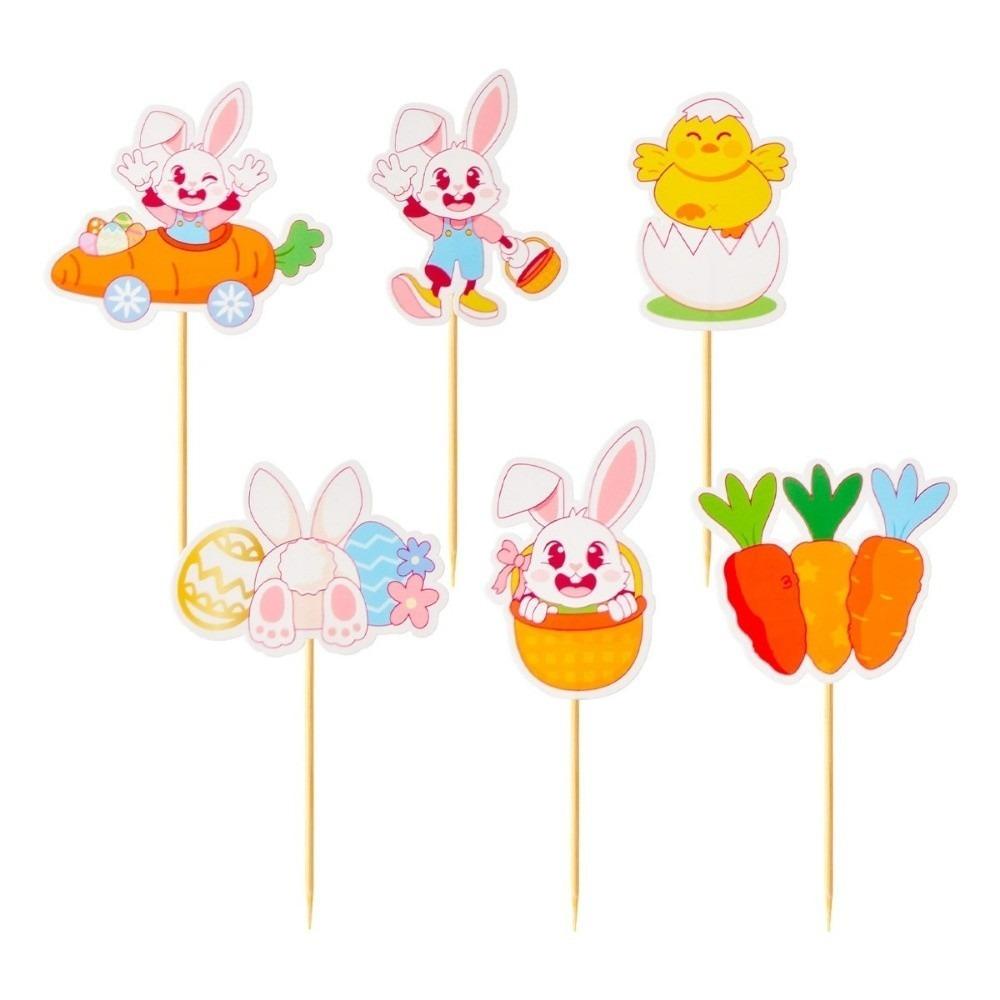 12Pcs/Set Cartoon Pattern Easter Cake Toppers Bunny Design Thick Cardstock Cupcake Toppers Pre-Assembled Sticks Dessert Supplies