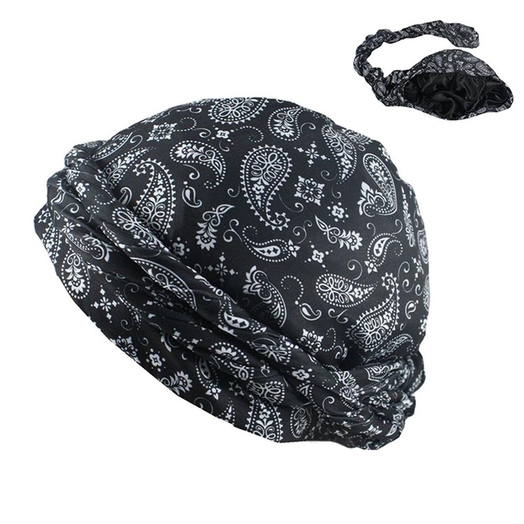 Men Women Satin Lined Turban Hat Adjustable Pre-Tied Headwraps Trendy Printing Sleeping Bonnet Chemo Hat Hair Cover