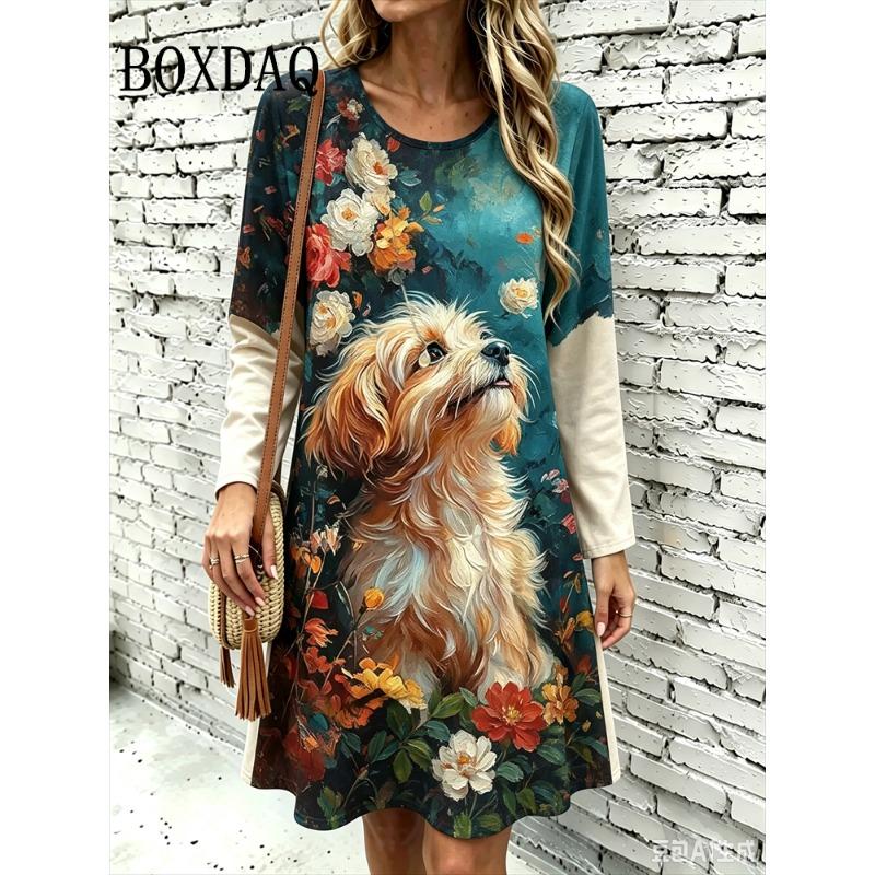 Oil Painting 3D Printing Women's Dresses Vintage Casual Poodle Dog Pattern Loose Home Dress Autumn Long Sleeve A-Line Dress 2026