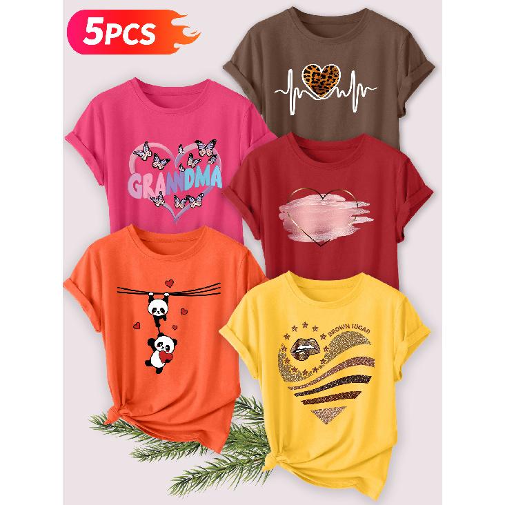 Five-piece set Elegant short-sleeved shirt for women Fun Panda Heart Series Printed Round Neck Women's Short Sleeve Shirt Suitable for Spring and