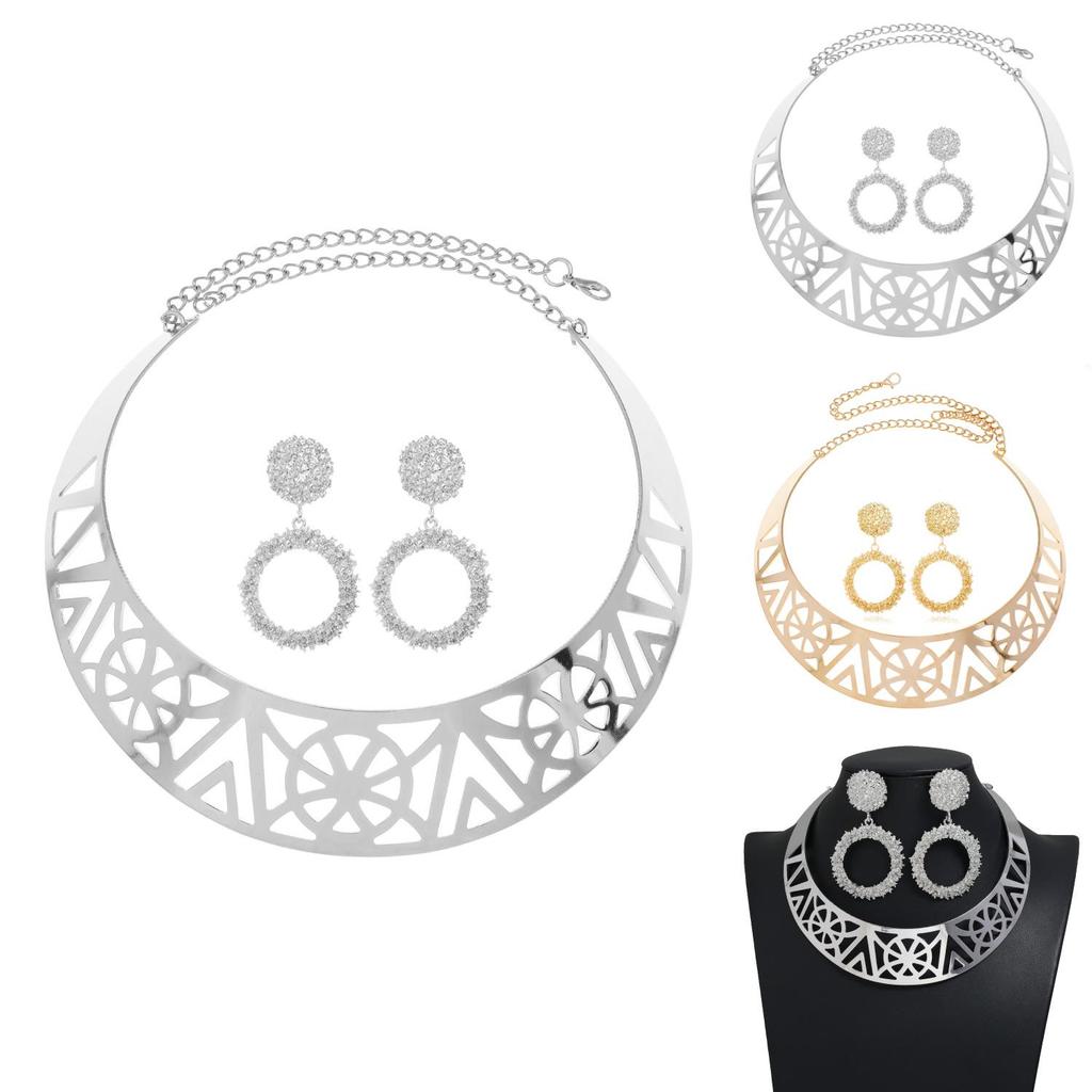 Fashion Solid Color Hollow Design Women Metal Necklace Collar Round Earring Set For Gift And Occasion